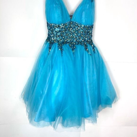 Sherri Hill Dress sz 4 Turquoise blue Sequins V Neck Mini Tulle Open Back Short - Picture 5 of 16